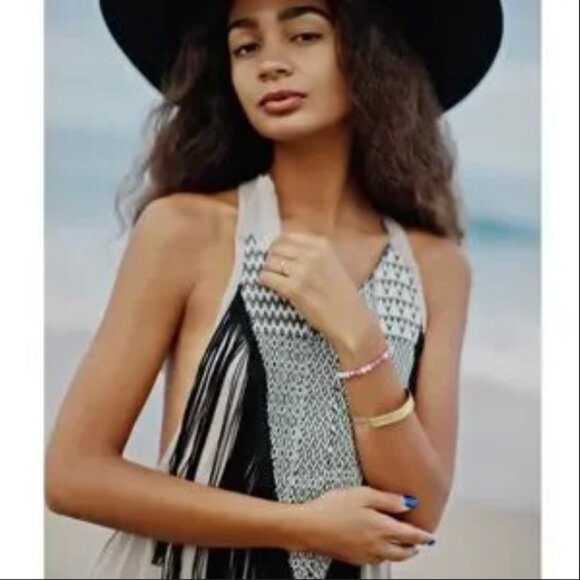 ZHENNYMPH ZHEN NYMPH Tan Black Fringe Tribal Racerback Dreamcatcher Dress S M - Picture 4 of 16